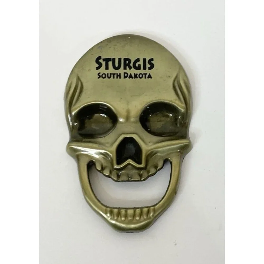 STURGIS SOUTH DAKOTA Metal Skull Beer Opening Magnet Gold Black Travel Gift